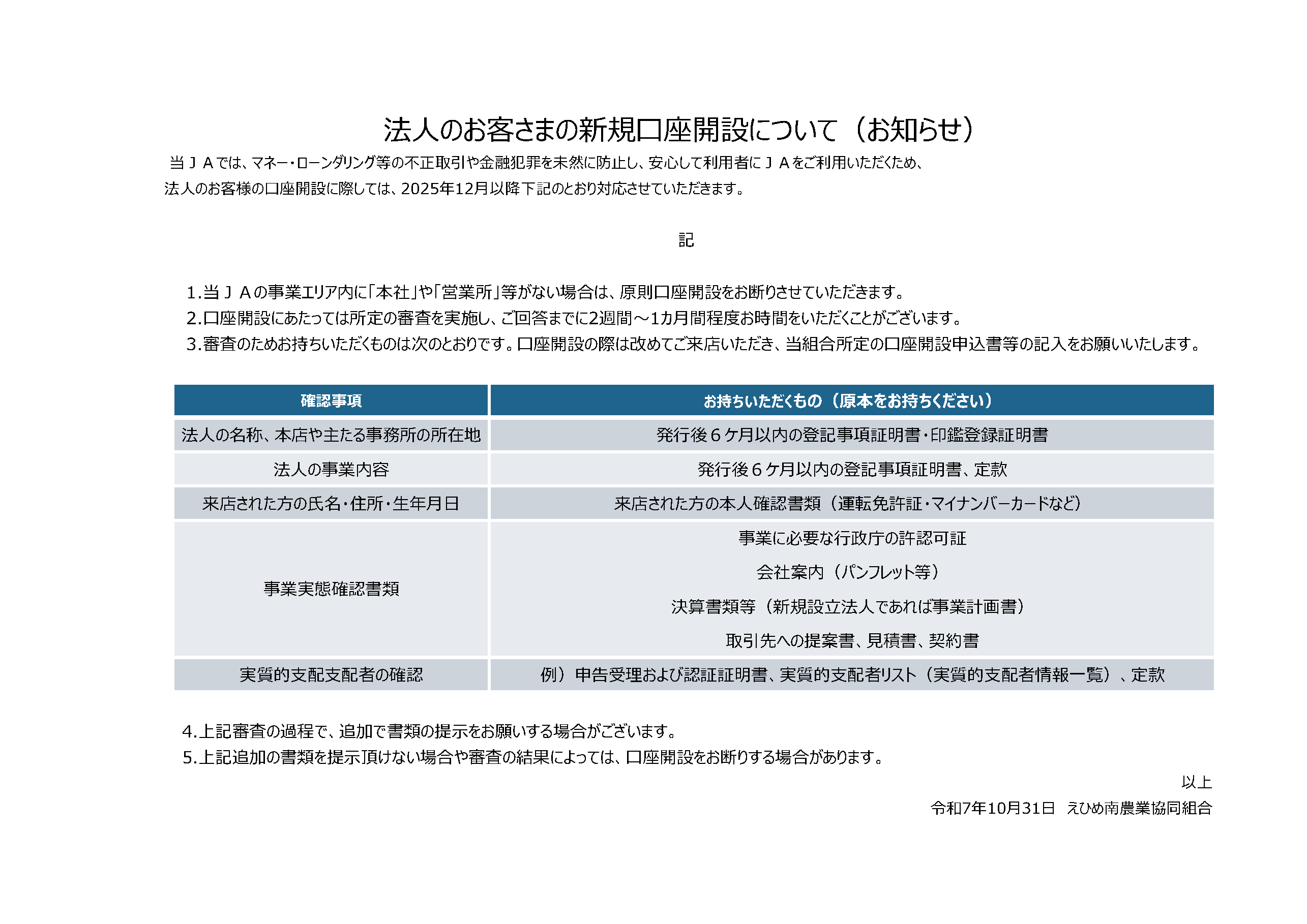 法人のお客さまの新規口座開設について